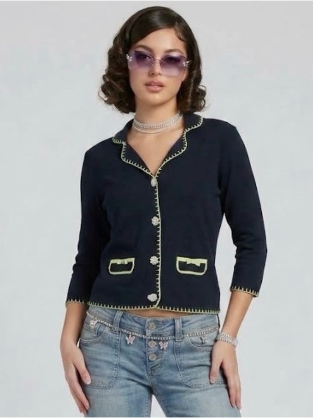 Vintage‎ Yarns & Stitches Contrast-trim cardigan button down Black 90’s Preppy